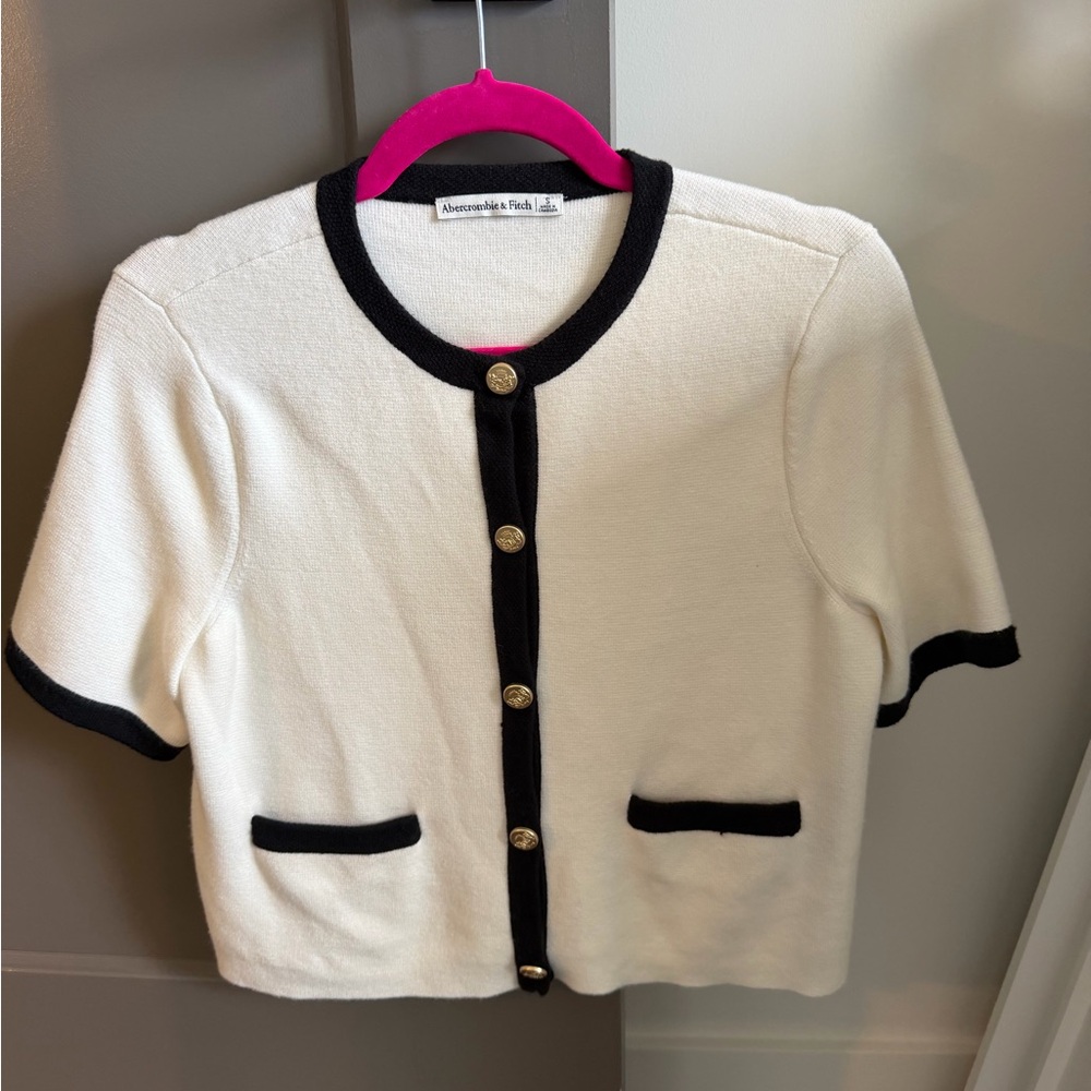 Abercrombie & Fitch Cream Short Sleeve Cardigan with Black Trim